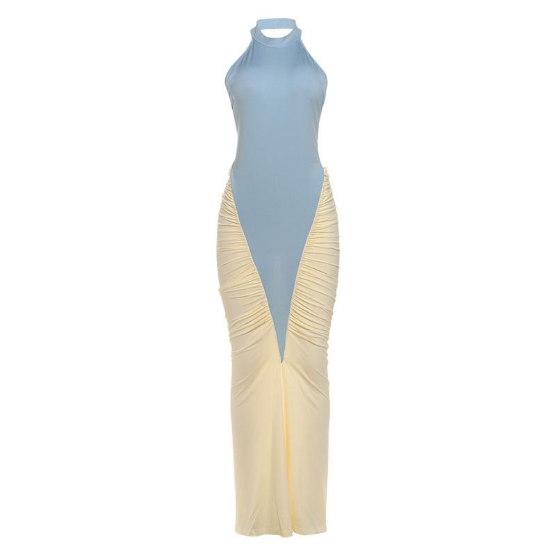 European and American style summer new women's clothing temperament sexy neck backless pleated contrasting color slim hip dress