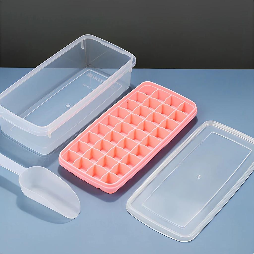 Ice Cube Tray with Lid and Scoop 36 Grids Large Capacity Ice Maker Mold with Bin Stackable Square Ice Cube Container Reusable