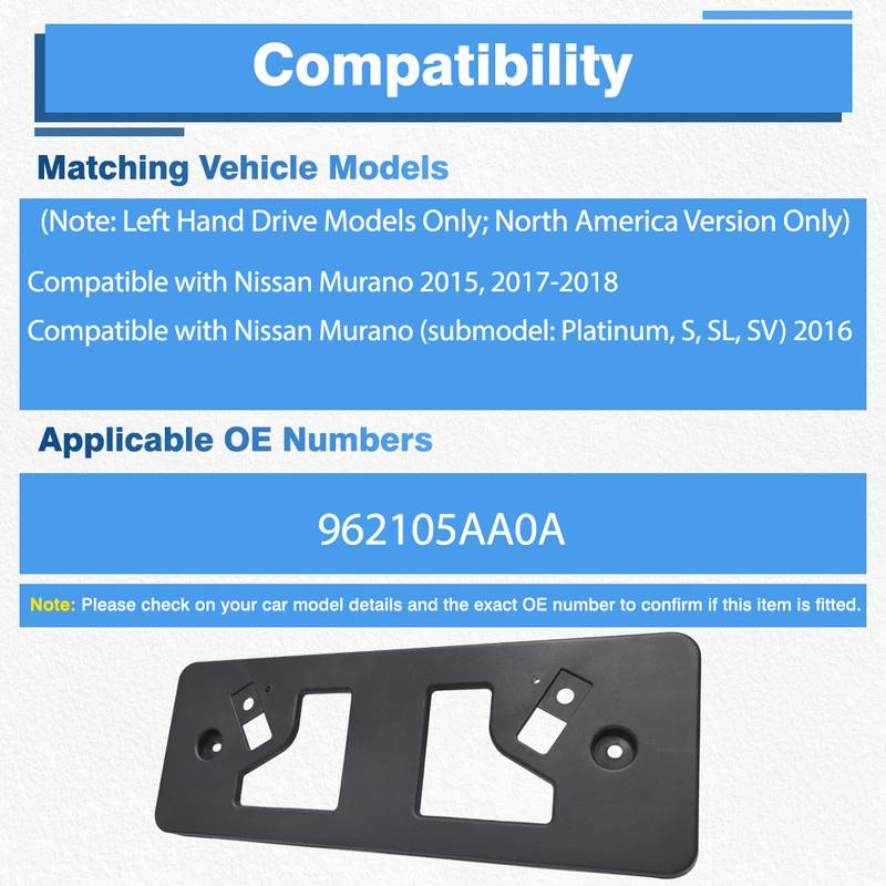 For Nissan Murano 2015 2017-2018  Platinum S SL SV 2016 Car Front Bumper License Plate Mounting Bracket Accessories 962105AA0A