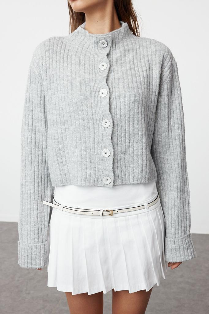 Women's Elegance Style Cardigan Pink Crop Soft Textured Stand Collar Knitwear Cardigan