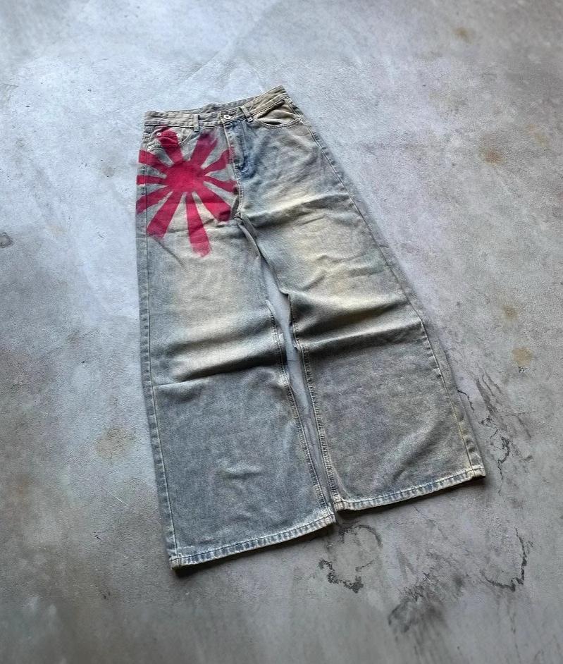 Unisex Y2K Vintage Sluneční Potisk Dámské Pánské Džíny Harajuku Vyprané Široké Nohavice Americký Styl Džínové Kalhoty Volné Ležérní Streetwear