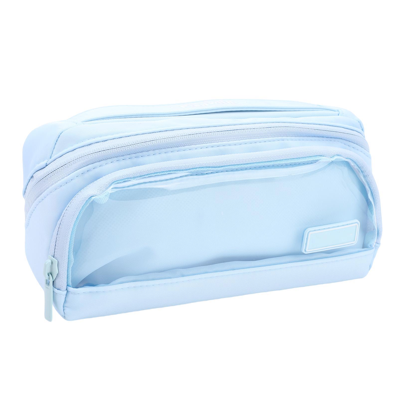

Pencil Pouch Blue Large Capacity Canvas Pen Bag with Transparent Compartment for School Office Travel