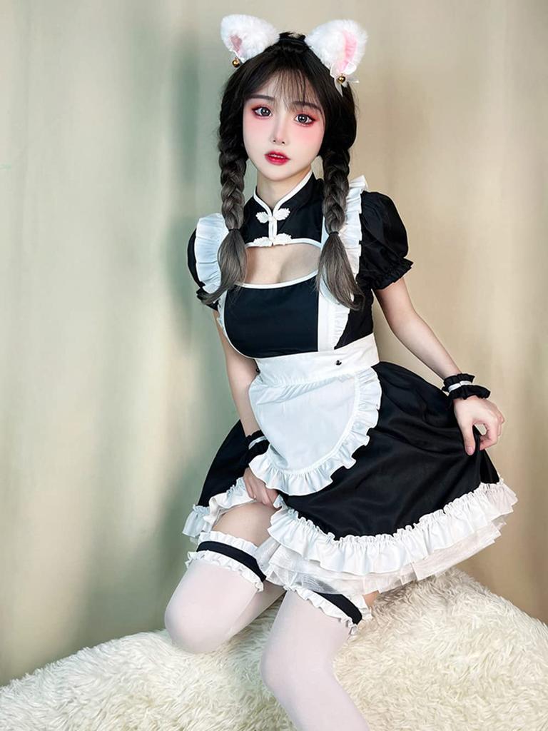 YUEEI Maid Outfit with Open Neckline and Cat Sexy Halloween Lolita Short Chinese Open Coffee Shop Includes Socks Ears, Cosplay, Costume, Dress,