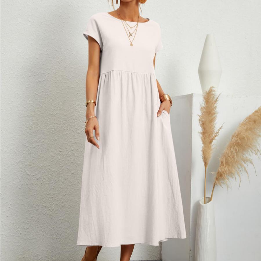 

New Solid Color Sleeveless Loose Cotton Linen Pocket Insert Women s Dress S белый
