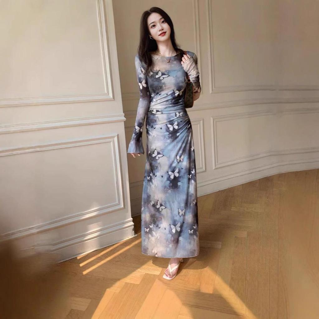 Women's Retro Tie-Dye Mesh Midi Dress - Waist-Slimming Long Sleeve (2025 Spring/Autumn)