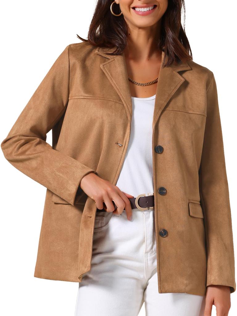 Allegra K Women's Faux Suede Blazer Jacket, Vintage Casual Button-Down Long Sleeve Blazer with Pockets, Brown, Size L