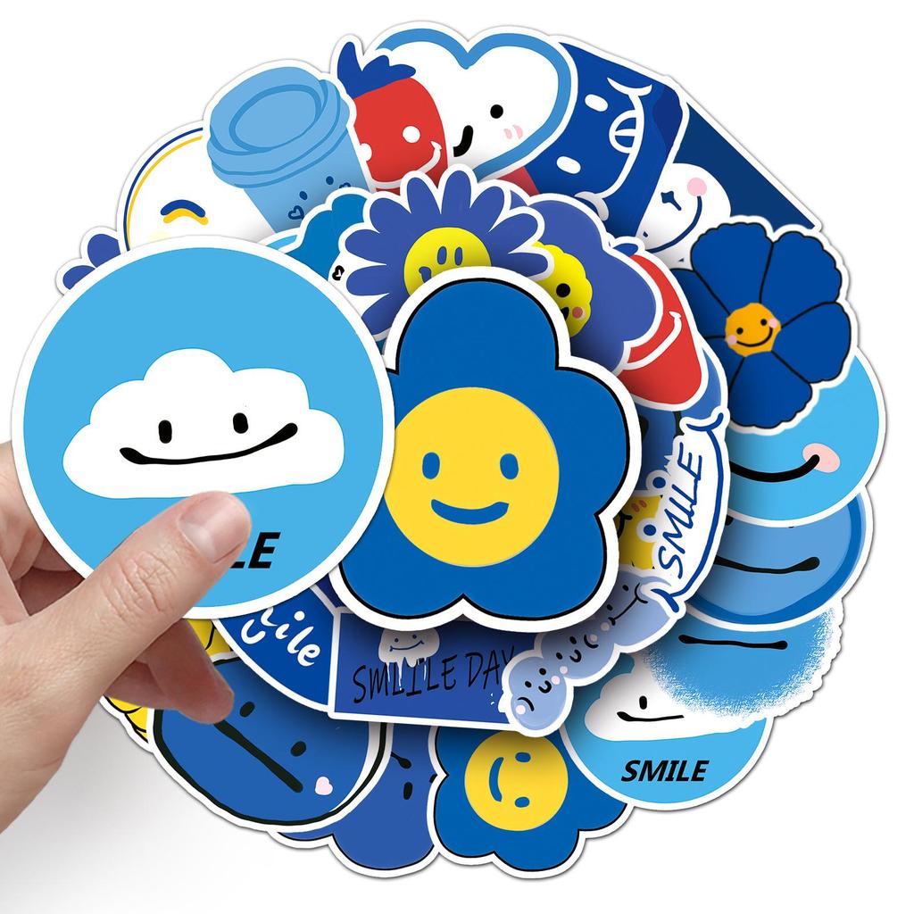 50 Sheets Blue Smile Cartoon Stickers: Cute, Waterproof Decoration for Journals, Computers, and Water Bottles