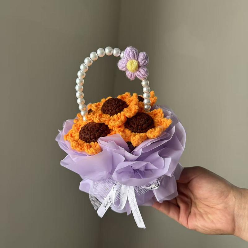 

Knitted Flower Bouquet Sunflower Basket Handmade Crochet Flower Bouquet Table Decor Valentine S Day Teacher S Day Festival Gifts