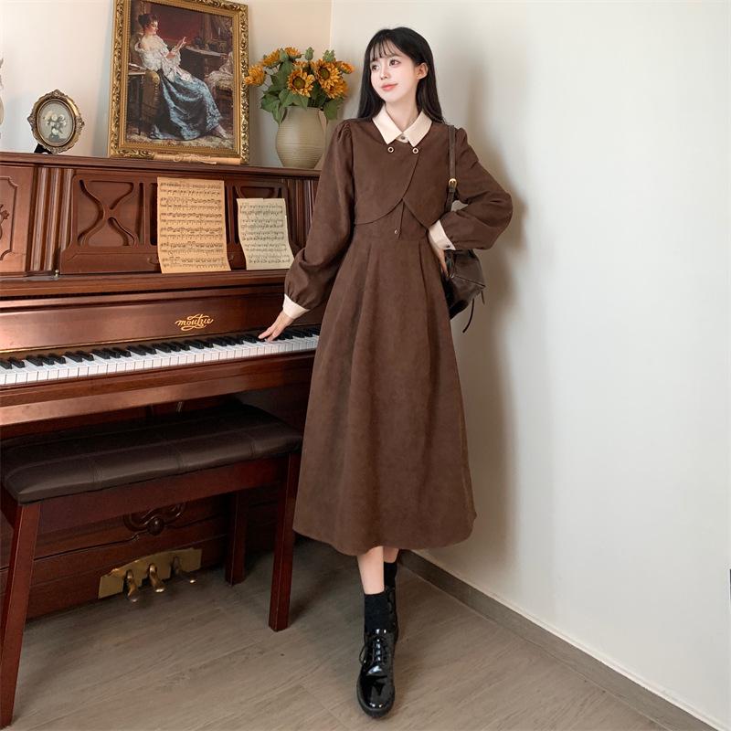 2025 Plus Size French Style Knee-Length Long-Sleeve Dress - Flattering Waist-Cinched Two-Piece Autumn/Winter Women's Apparel.