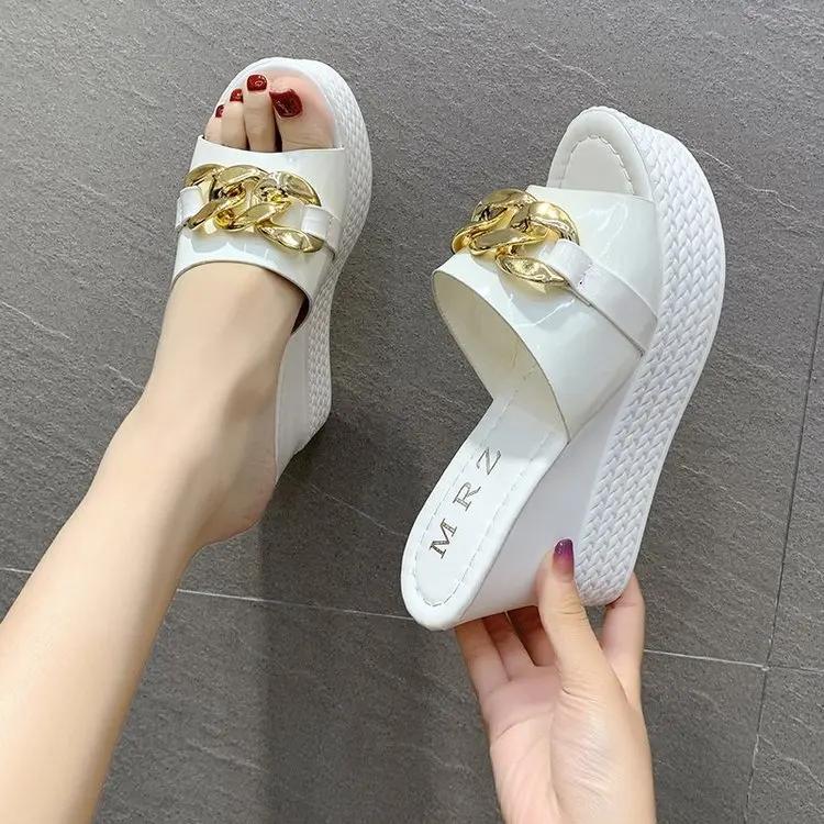 Maogu Korean Fashion Metal Sandals and Slippers Thick-soled High Heel Flip-flops Platform Wedge Slippers 2024 Women Summer Shoes