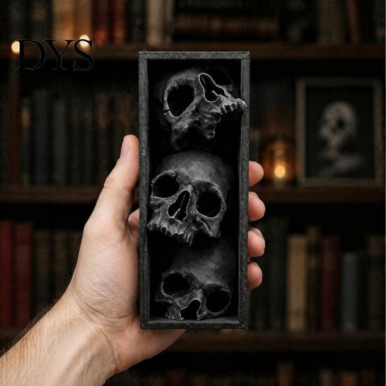 Horror Theme Decor Skulls Book Nook, Gothic Skull Bookshelf Insert, 3 Tier Stacked Sculpture Mysterious Library with Black Frame, Academia Spooky for