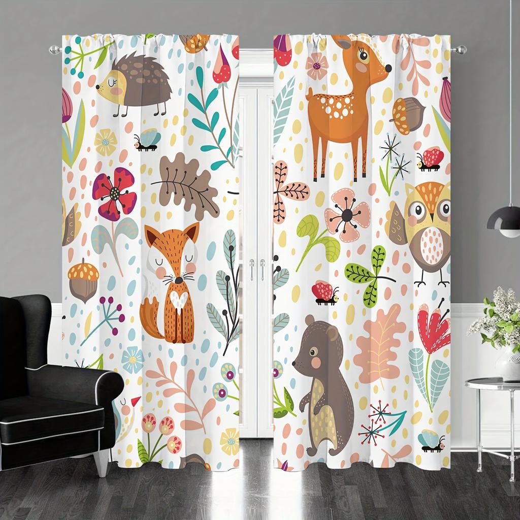 2pcs Cartoon Animal Fox Lion Giraffe Jungle Print Curtain For Bedroom Office Kitchen Blinds Living Room Floor Window Home Decor