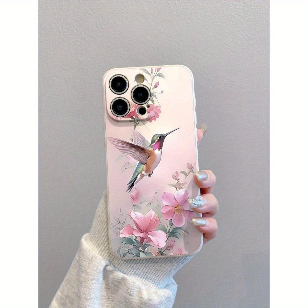 Pink flower hummingbird pattern phone case suitable for iPhone 17 16 15 14 13 12 11 Pro/Max/Plus anti drop and shockproof