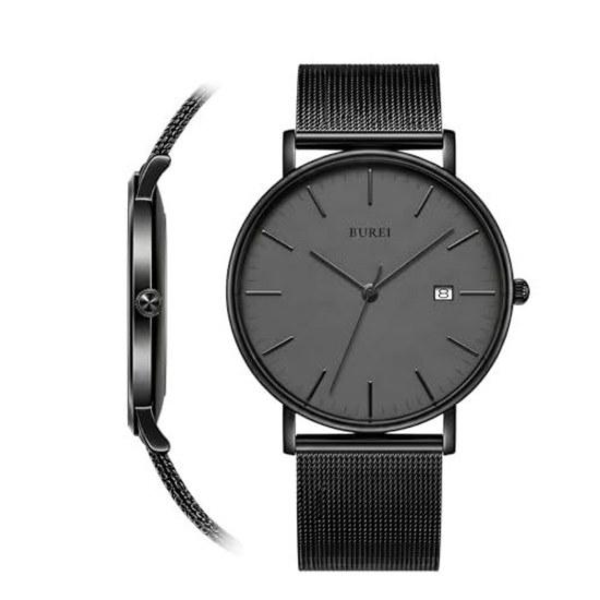 BUREI Mens Watch Simple Waterproof Analog Popular Wristwatch Brand Stylish Milanese Mesh Belt (Dark Gray)