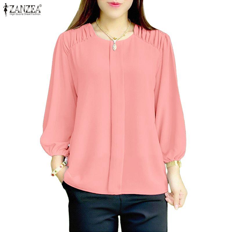 ZANZEA Women Casual Round Neck Solid Color Long Sleeve Blouse