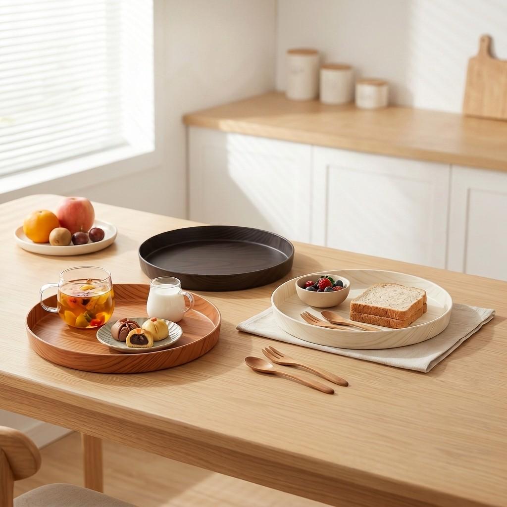 Round Wood Grain Serving Tray Decorative Food Plate Tableware Breakfast Tea Coffee Dessert Platter Stackable Kitchen Dishes