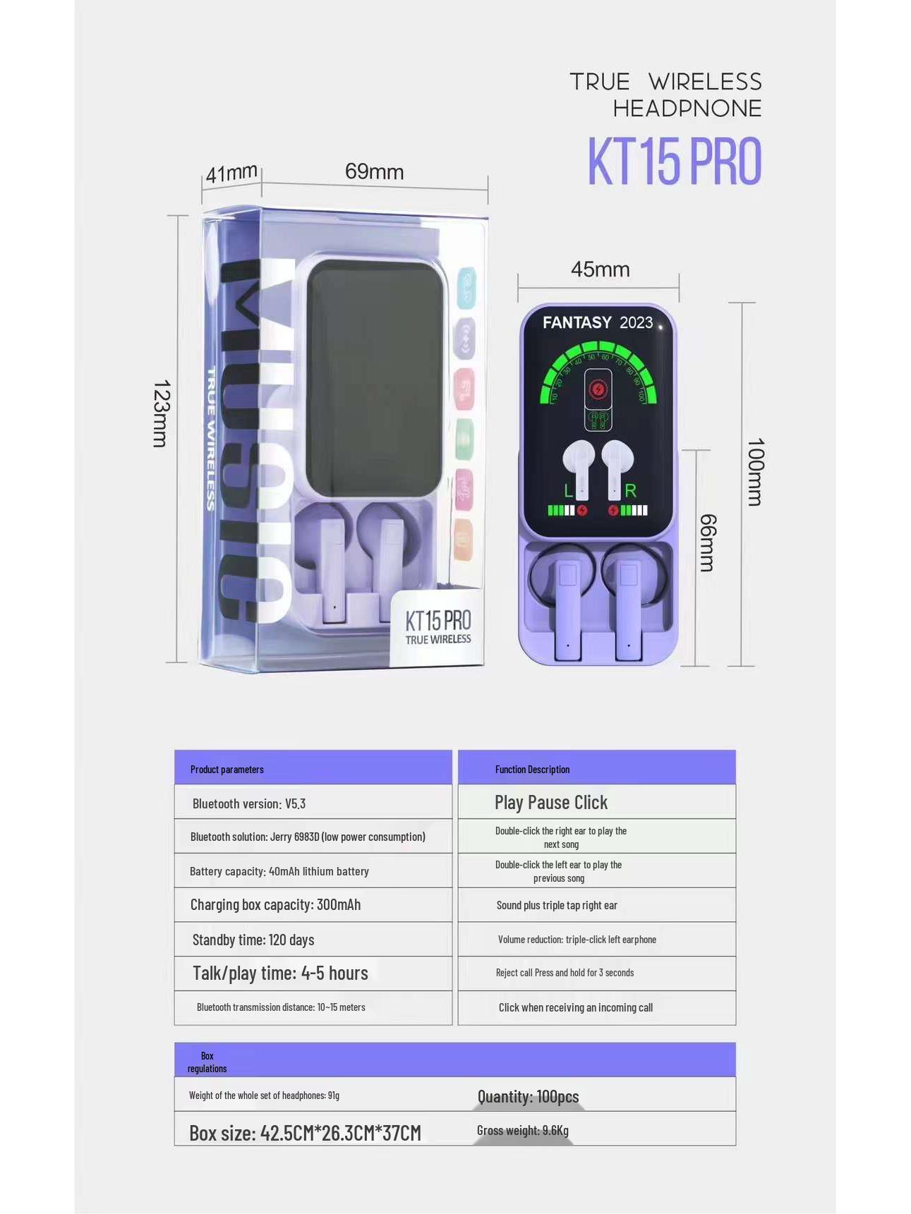 

KT15 PRO New Arrival TWS True Wireless Bluetooth 5.3 Earbuds with Digital Display for Gaming. фіолетовий