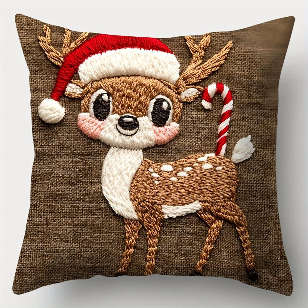 Christmas Pillowcase, Cute Cartoon Imitation Embroidery Linen Print Sofa Pillow Cover, Festival Decoration, Festival Gift (Pillow Insert Not Included)