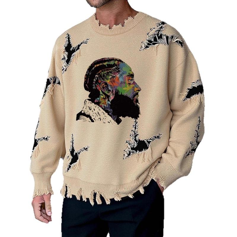 Pánský žíhaný grafický pletený svetr s kulatým výstřihem, oversized, pouliční styl, svetr přes hlavu