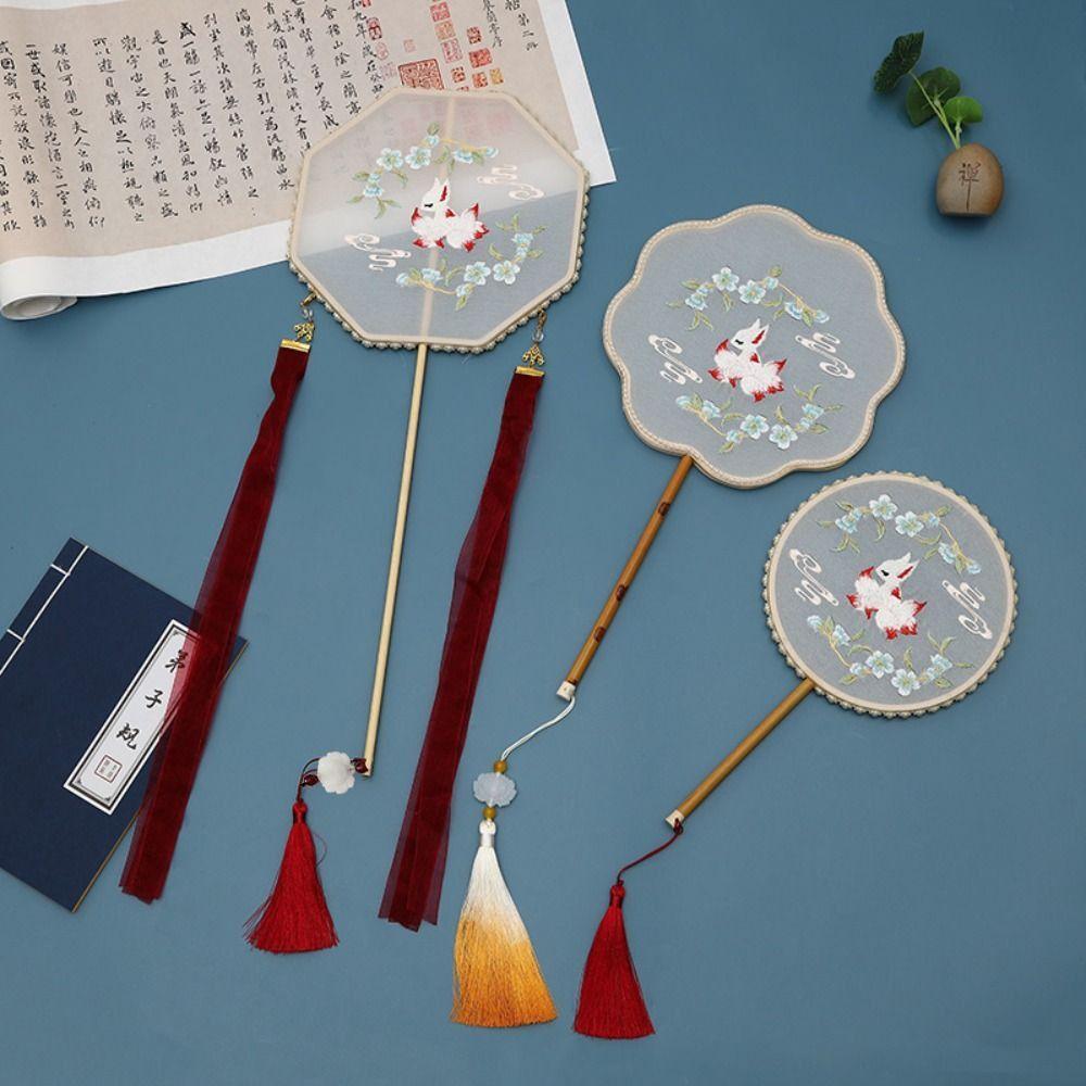 Embroidered Chinese Style Round Fan Classical Hanfu Hand Fan Long Handle Silk Fan  Female Costume