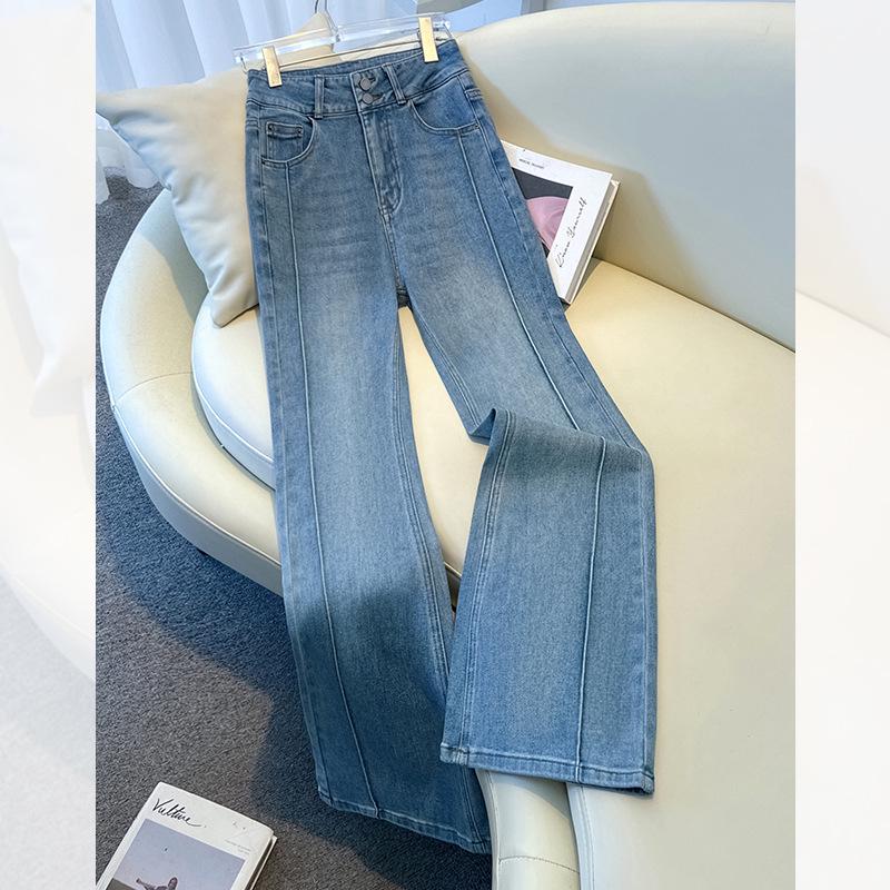 

Женские джинсы клеш с драпировкой класса люкс 2025: Светлый цвет, стройнящие, прямые брюки-подковы для весны и осени 26 (S) светло-синий