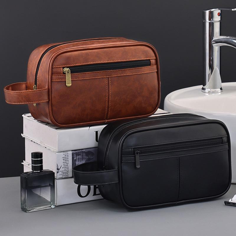 Pánská kožená taška na praní Cestování Služební cesty Přenosná kosmetická taška Velkokapacitní vícekapsový design Ruční kožená taška na praní