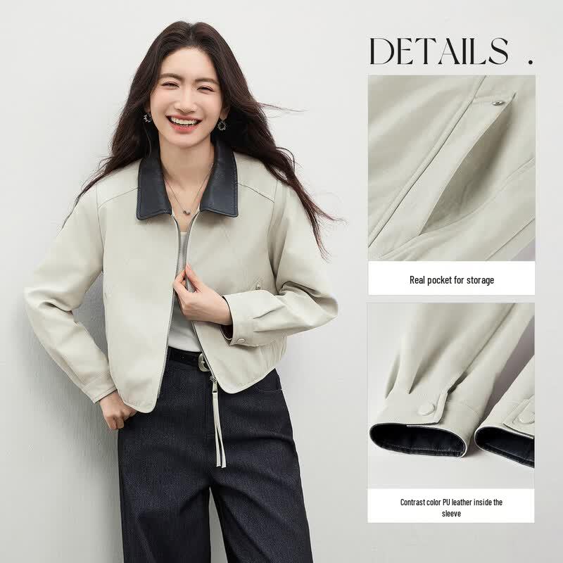 Women's Color-block PU Leather Lapel Jacket