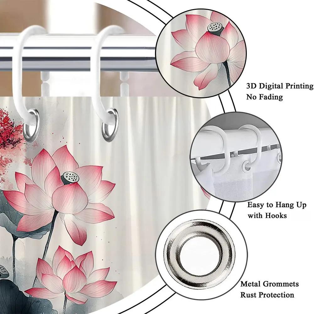 Tranquil Pink Lotus Watercolor Shower Curtain - Serene East Asian Design, Misty Landscape, 12 Hooks, Calming Bath Decor