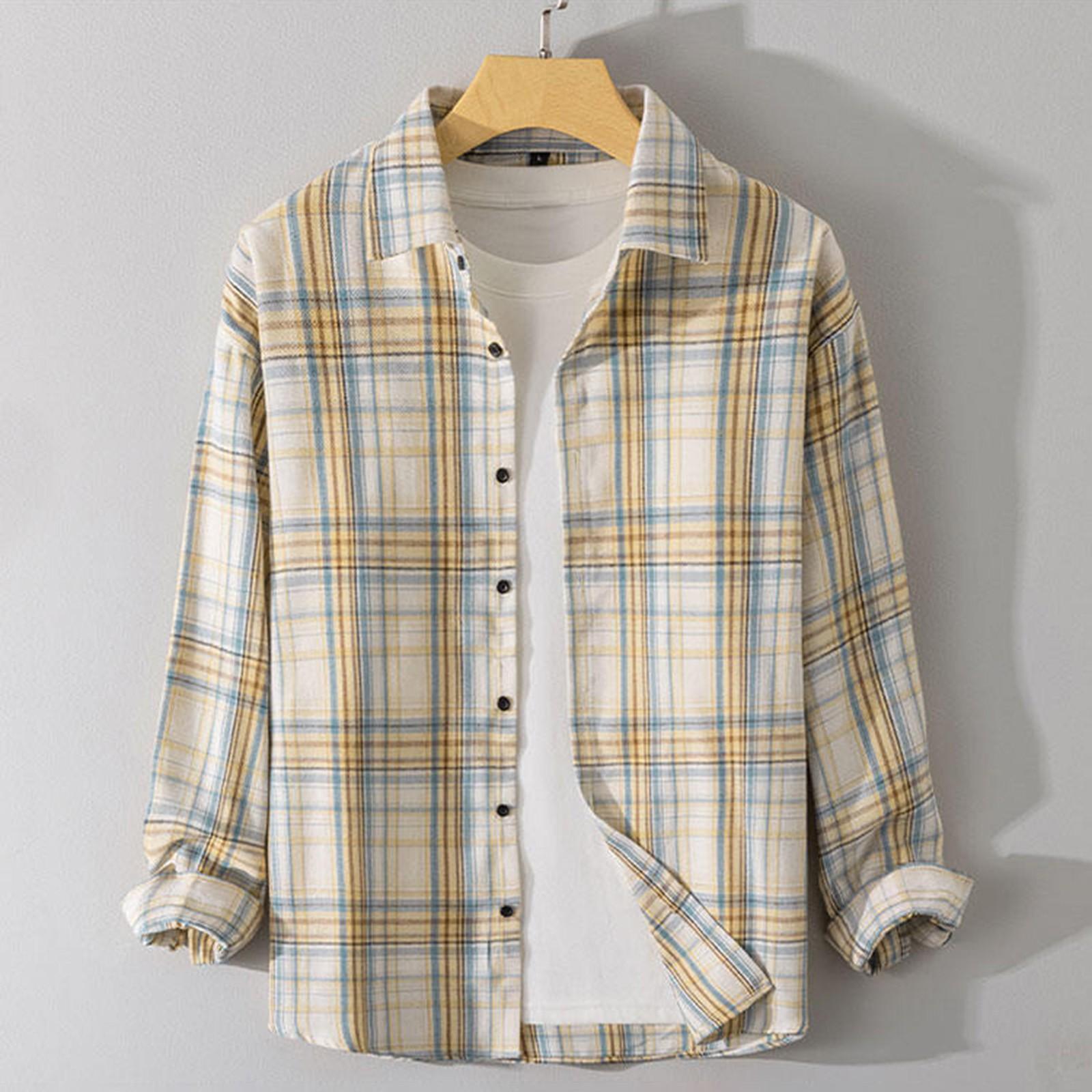 

Мужская осенняя повседневная свободная клетчатая рубашка с длинным рукавом на пуговицах XL жёлтый