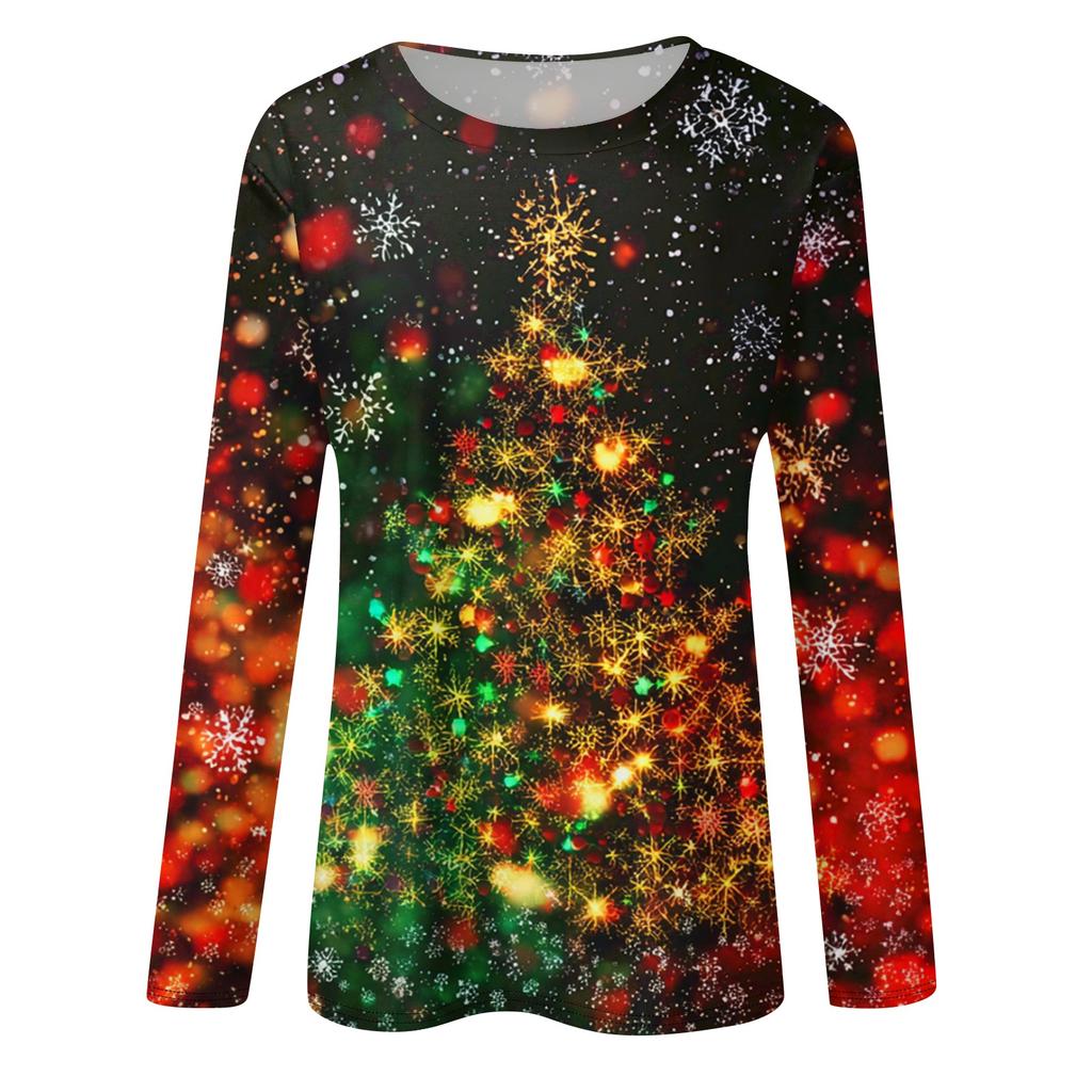 Damen Weihnachts-Print Rundhals Locker Langarm Top