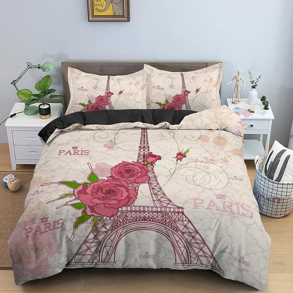 Eiffel Tower Bedding Set Romantic Style Duvet Cover Set With Pillowcase King Queen Size Comforter Cover for Valentine's Day