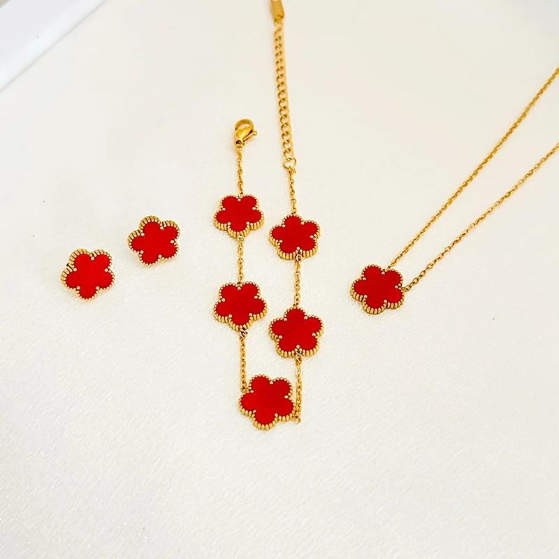 Conjunto de joias de flores de aço inoxidável, presentes de Natal, colar de pingente de moda moderna de luxo, brincos, pulseira, joias para mulheres