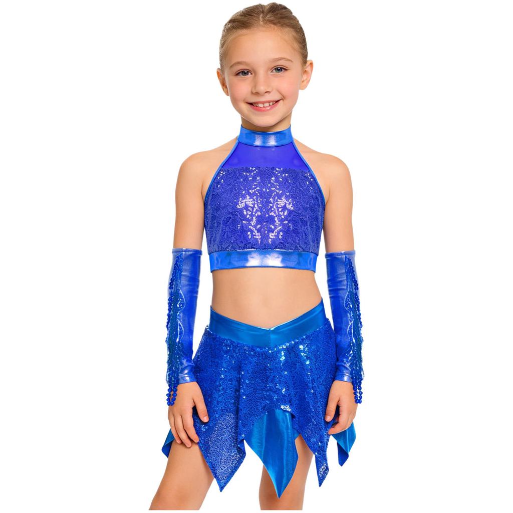 Girls Jazz Sleeveless Keyhole Back Sequins Crop Top Asymmetric Metallic Skirt Sequined Tassels Gloves Set