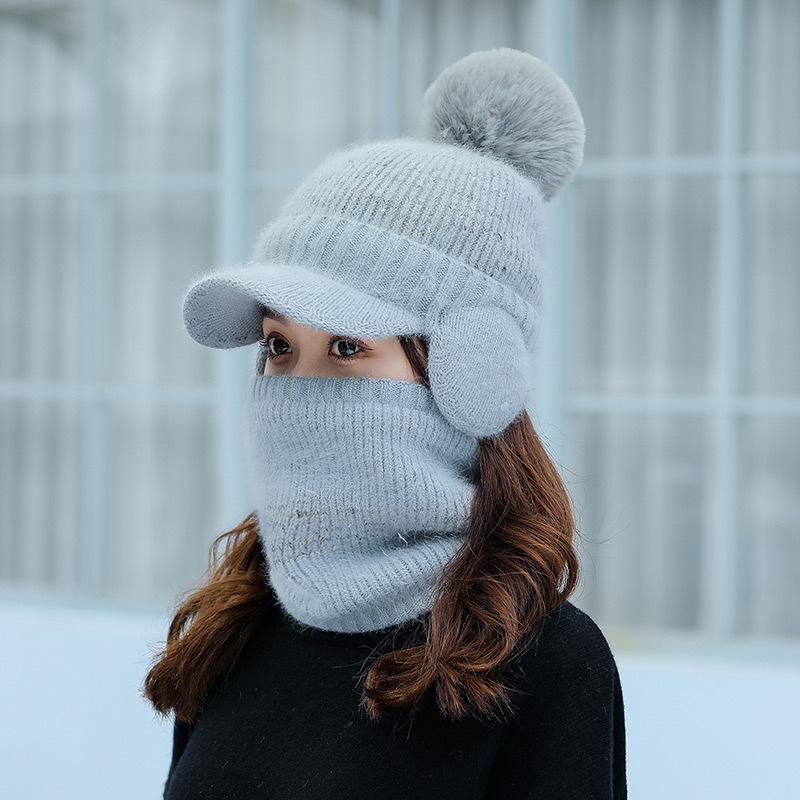 Ladies rabbit fur knitted hat trendy student wool ear protection cap outdoor cold protection warm scarf velvet