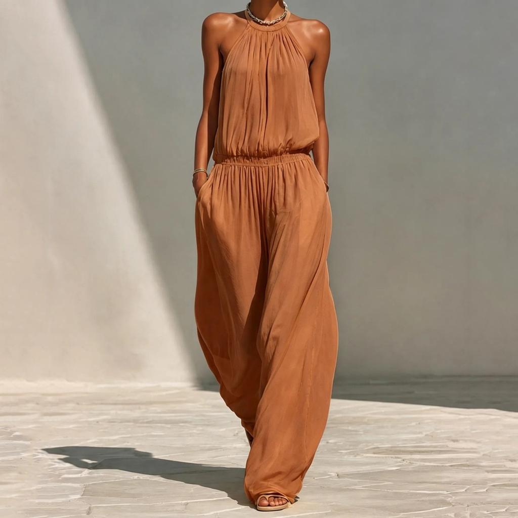 Women's Neck Loose Wide Leg Jumpsuit Vacation Beach Casual Romper for Summer