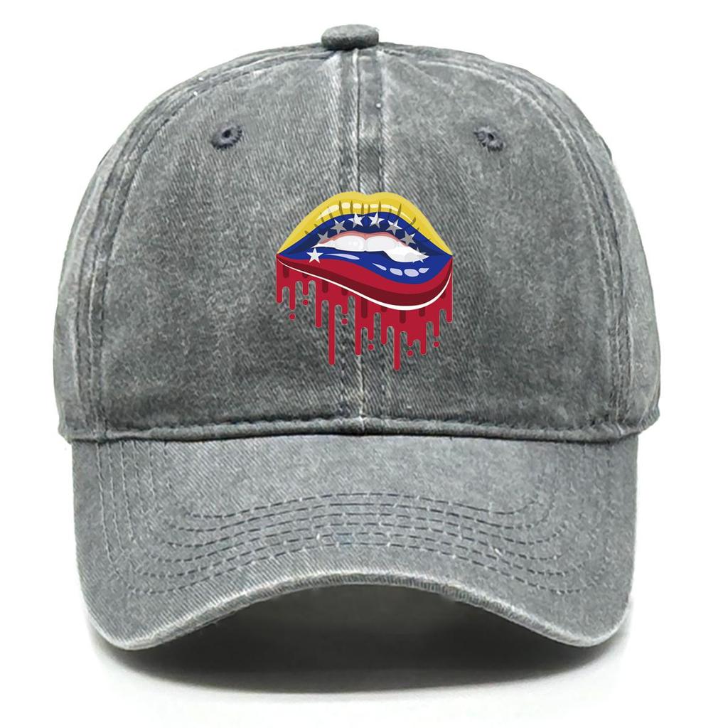 Venezuela Flag Lip Print Snapback Baseball Cap, Patriotic Sports Hat Raw Brim Sun Protection Cotton Leisure Snapback Baseball Hat