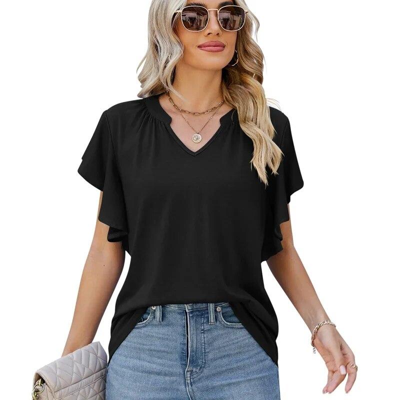 2026 Summer Casual Ruffled Edge Women Tshirt V-neck Fashion Solid Color Tee Shirts Elegant Pleated Loose Simple Blouse 30610