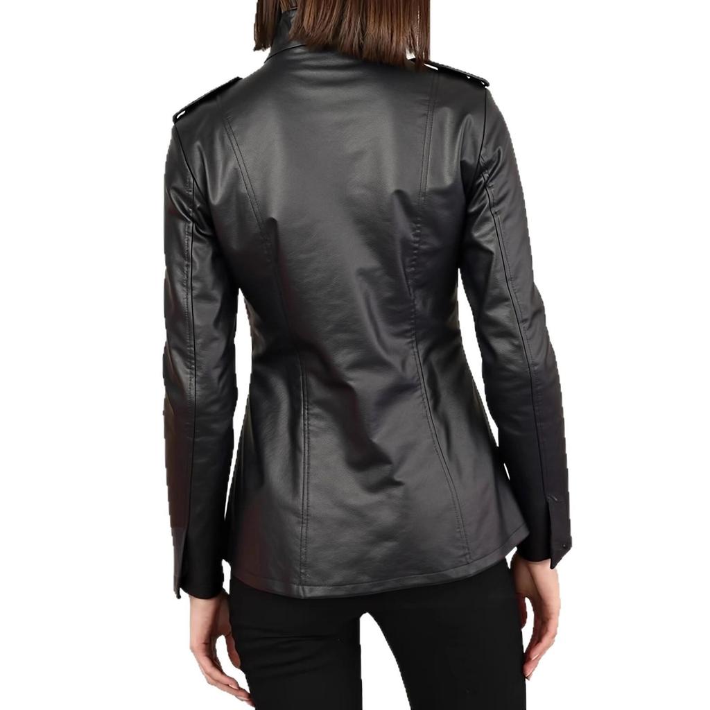 Women's Gothic PU Leather Jacket: Distressed, Trendy, Stand Collar, Long Sleeve.