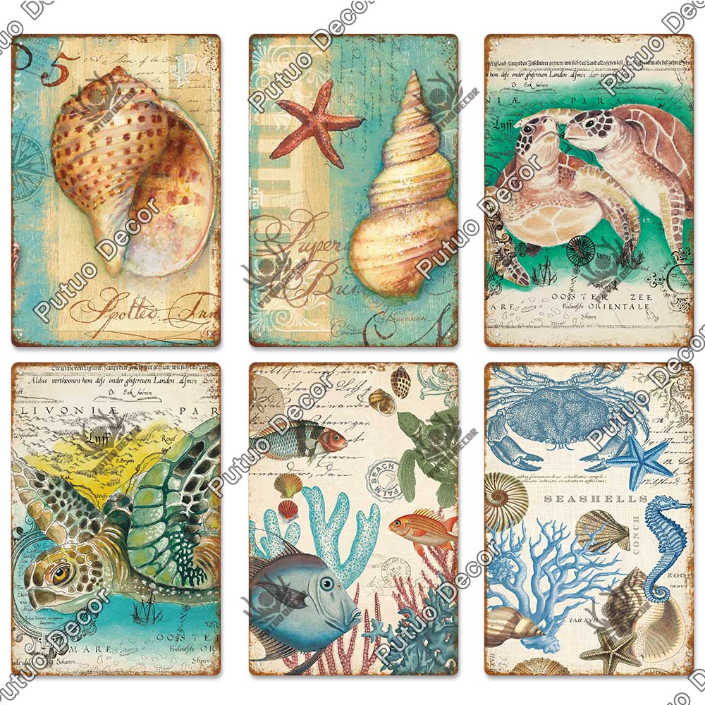Decor Marine Animals Tin Sign Vintage Plaque Metal Wall Retro Posters for Beach Bar House Decorative Art Iron Painting