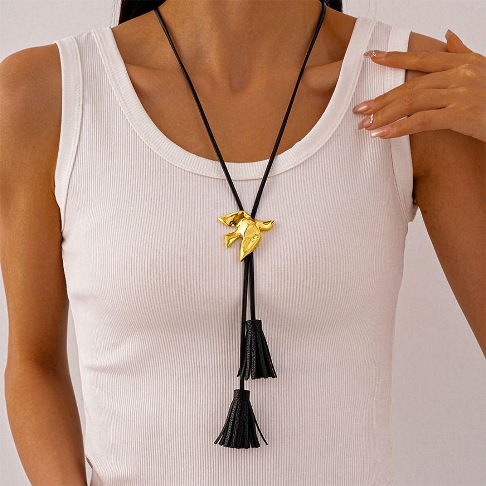 Silver Tassel Adjustable Necklace Ethnic Style PU Leather Necklace Luxury Bird Necklace  Decoration