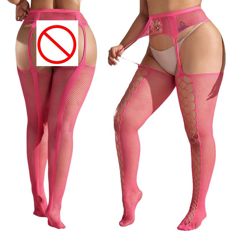 Plus Size Women Sexy Tights Crotchless High Elastic Stockings Lingerie Fishnet Stocking
