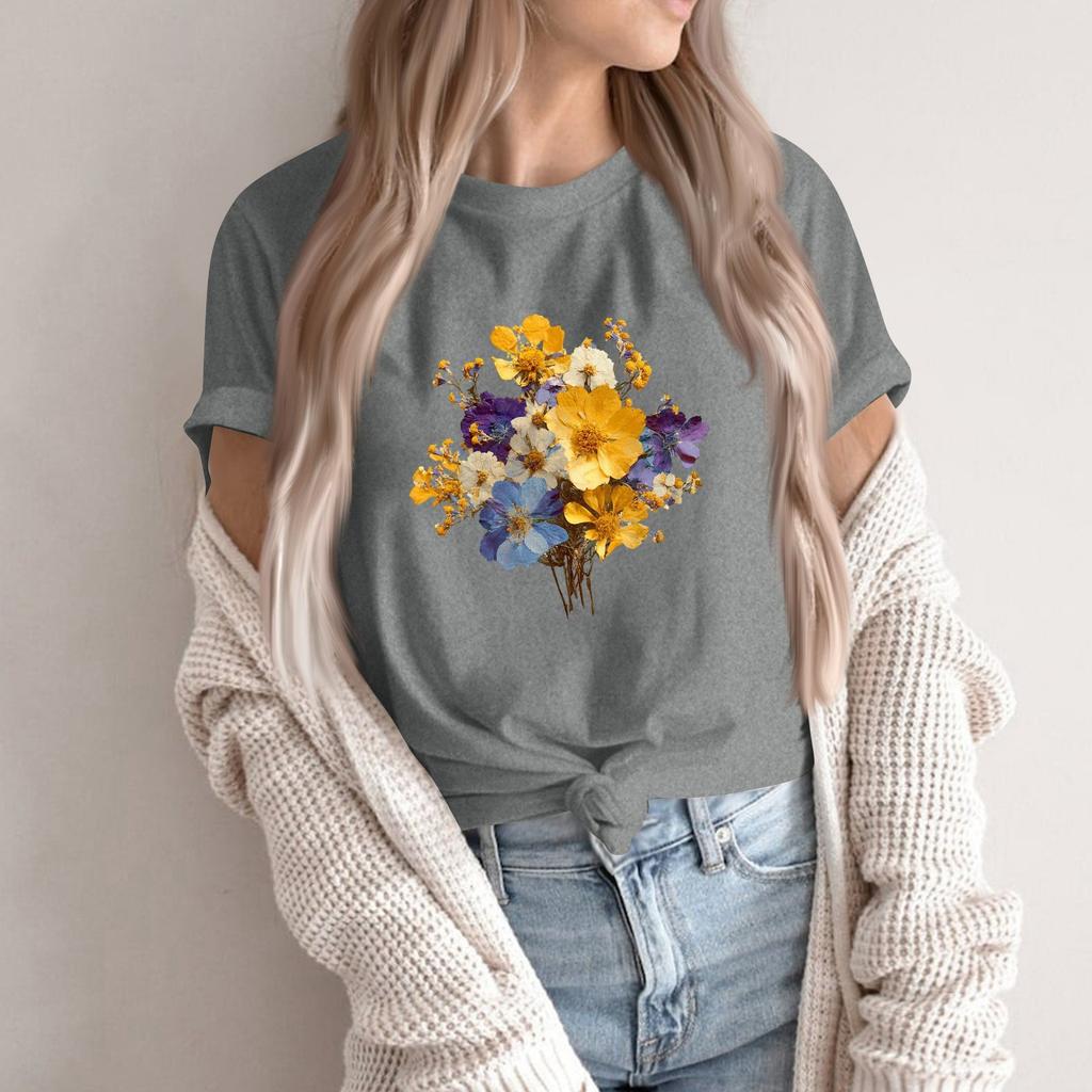 Women's Fashion Casual Printed Round Neck Short Sleeved Pullover T-Shirt Top