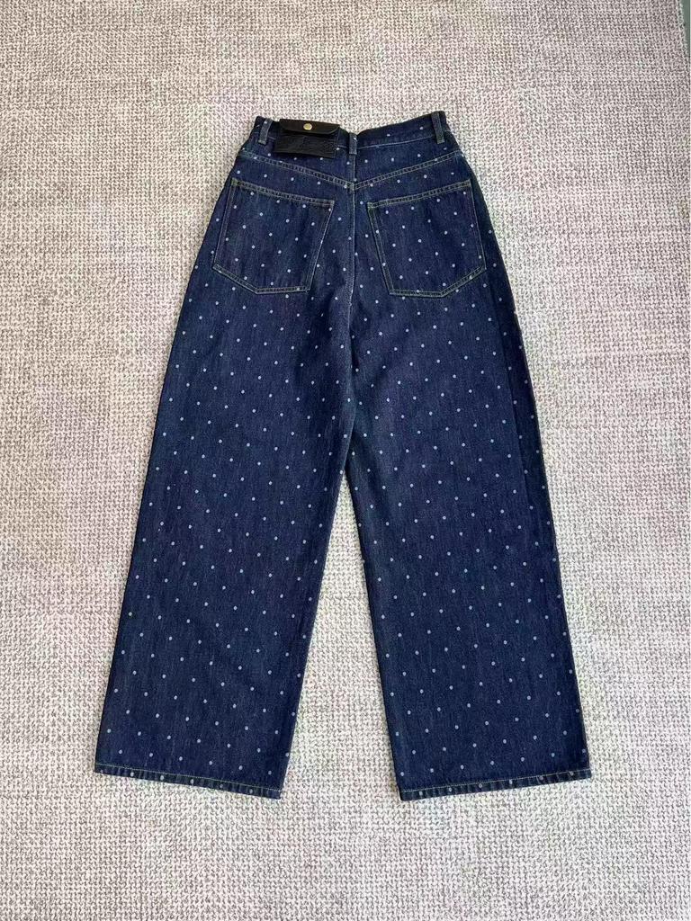 IM2026 Women's High-Waisted Retro Polka Dot Leather Bag Jeans - Slimming, Versatile Wide-Leg Long Pants