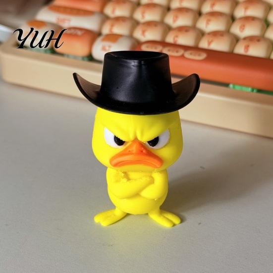 Cute Animal Sculptures Angry Duck Desk Figurine, 3D Printed Yellow Office Decoration with Cowboy Creative Birthday Gifts Hat, Little Ornament for Home