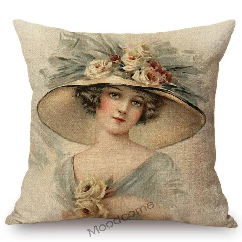 European Royal Court Victorian Era Lady Hat With Flower Elegant Sofa Throw Pillow Cover Classic Vintage Linen Decor Cushion Case
