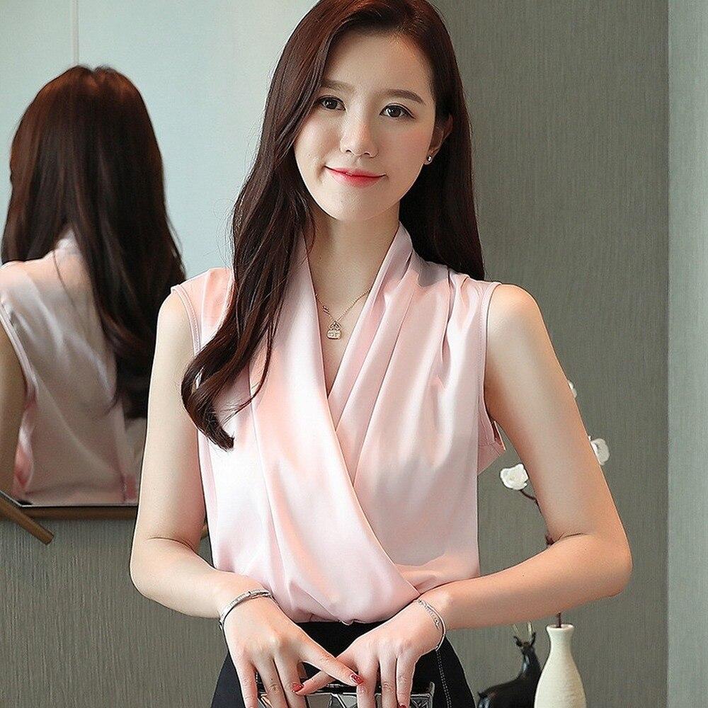 

Женская одежда 2022, весна-лето, новая темпераментная, простота, с v-образным вырезом, однотонная шифоновая рубашка без рукавов, свободная женская блузка M розовый
