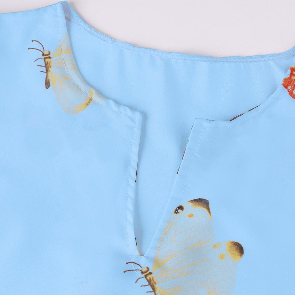 Women's V-Neck Ink Print Butterfly Dress with Pockets, Long Sleeve Summer Style