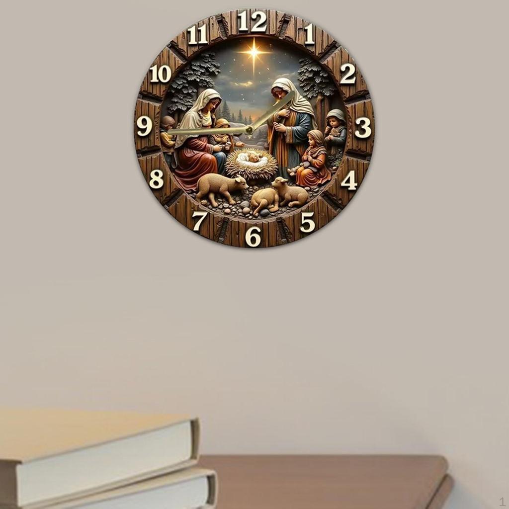 Nativity Scene Wall Clock Arabic Numerals Decorative Religious Easy Read Wood Birth of Jesus