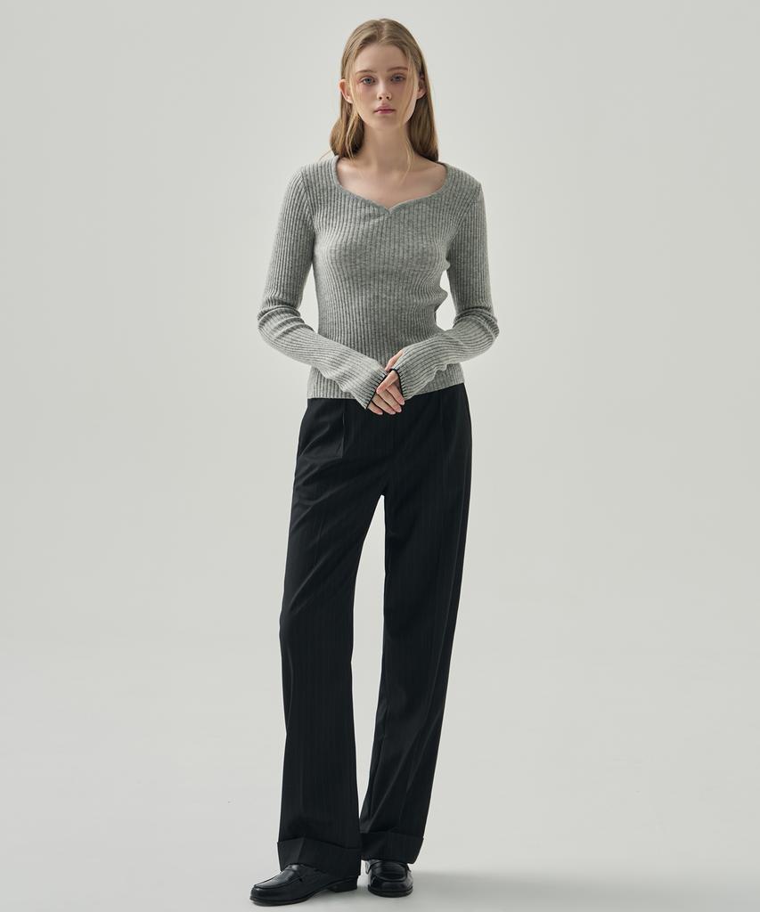 Deuloupisumeon Heart Neck Ribbed Slim Knit Top [M.Grey]