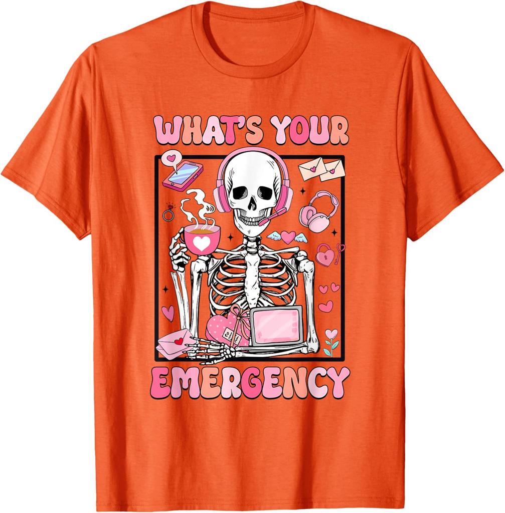 Skeleton Dispatcher Valentines Day Whats Your Emergency Graphic T-Shirt Men Casual Daily Cotton Tee